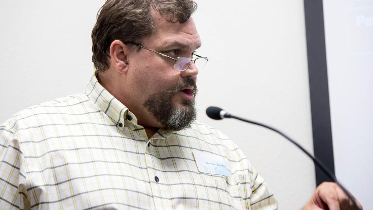 
Nathan Bunney pitches his mobile lifestyle app during the Stanislaus Innovation Challenge in Modesto last month. 
