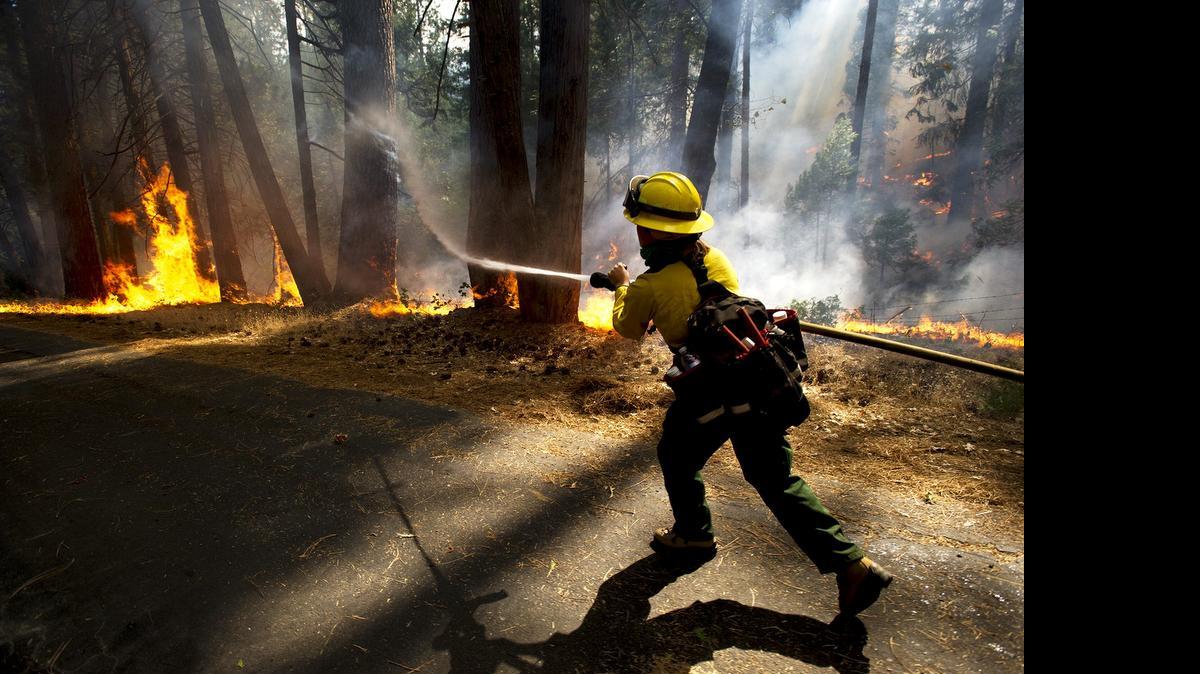 
Colorado Rural Protection firefighter Molly McGee fights the Rim Fire in the Stanislaus National Forest Tuesday August 22, 2013.
