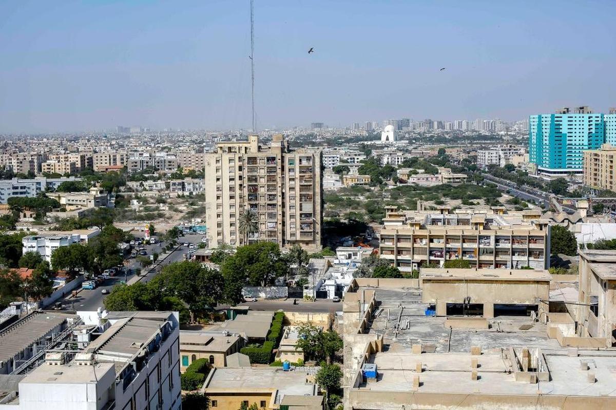 An overhead view of Karachi – a city of more than 20 million people – as viewed from a skyscraper’s terrace.