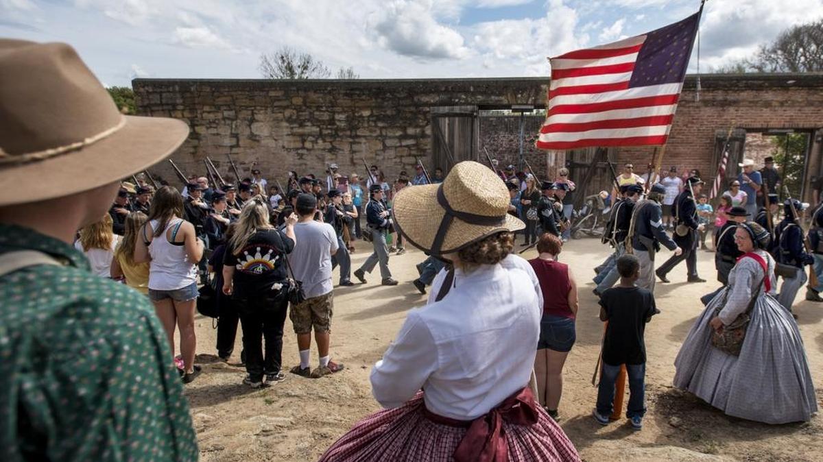 Union troops walk back to camp after the last fight of the weekend during the American Civil War Association's "Knights Ferry Civil War Days" in Knights Ferry, Calif., on Sunday, March, 22, 2015.