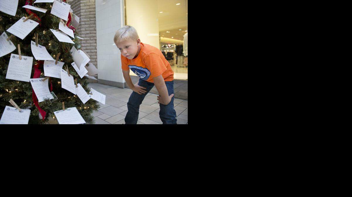 
Quinn Alvine, 8, searches for the name of a boy his age on the Soroptimist Community Christmas Tree at Vintage Faire Mall in Modesto on Wednesday.
