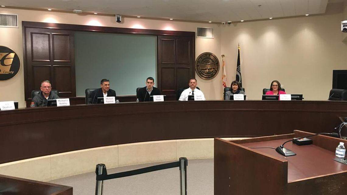 Candidates for 10th Congressional District, l-r: Mike Barkley, Michael Eggman, Josh Harder, Ted Howze, Virginia Madueño and Sue Zwahlen, at an April 18, 2018 debate hosted by the League of Women Voters of Stanislaus County in Modesto.