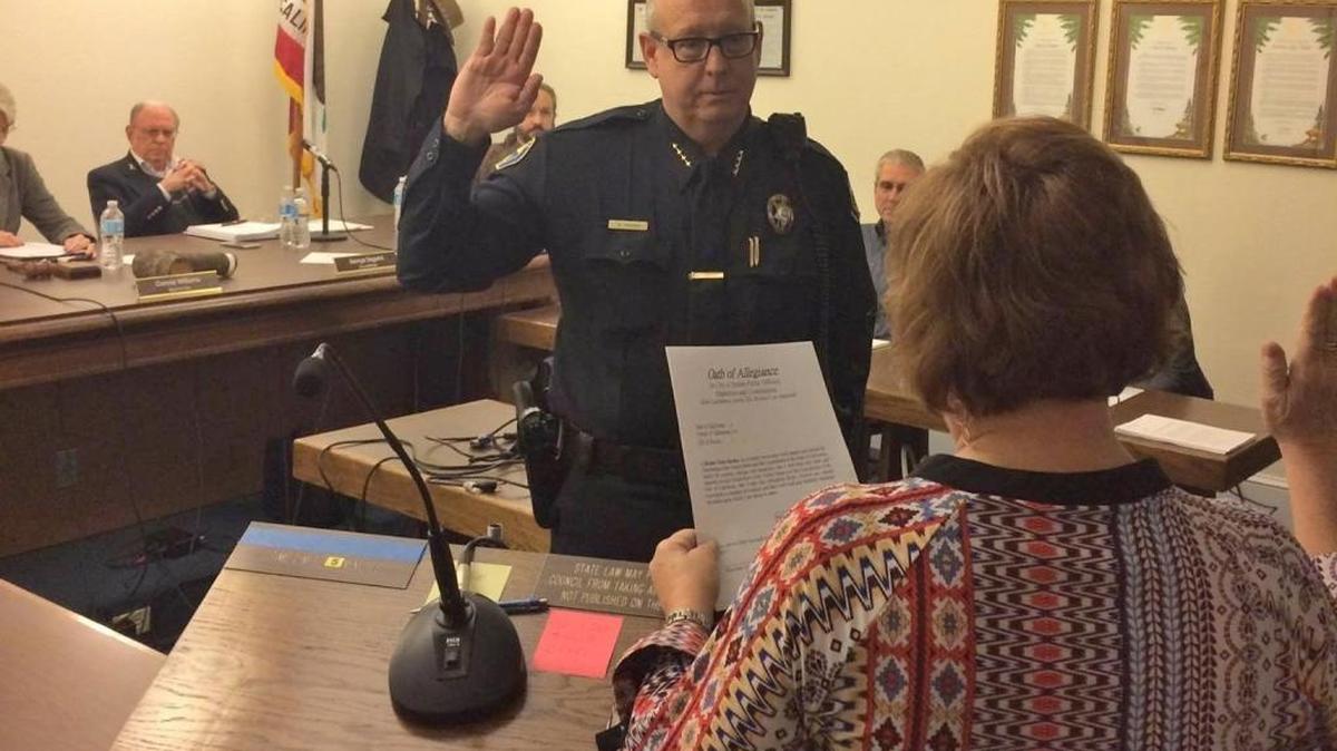 Mike Harden is sworn in as interim police chief at the Sonora City Council meeting Monday night.