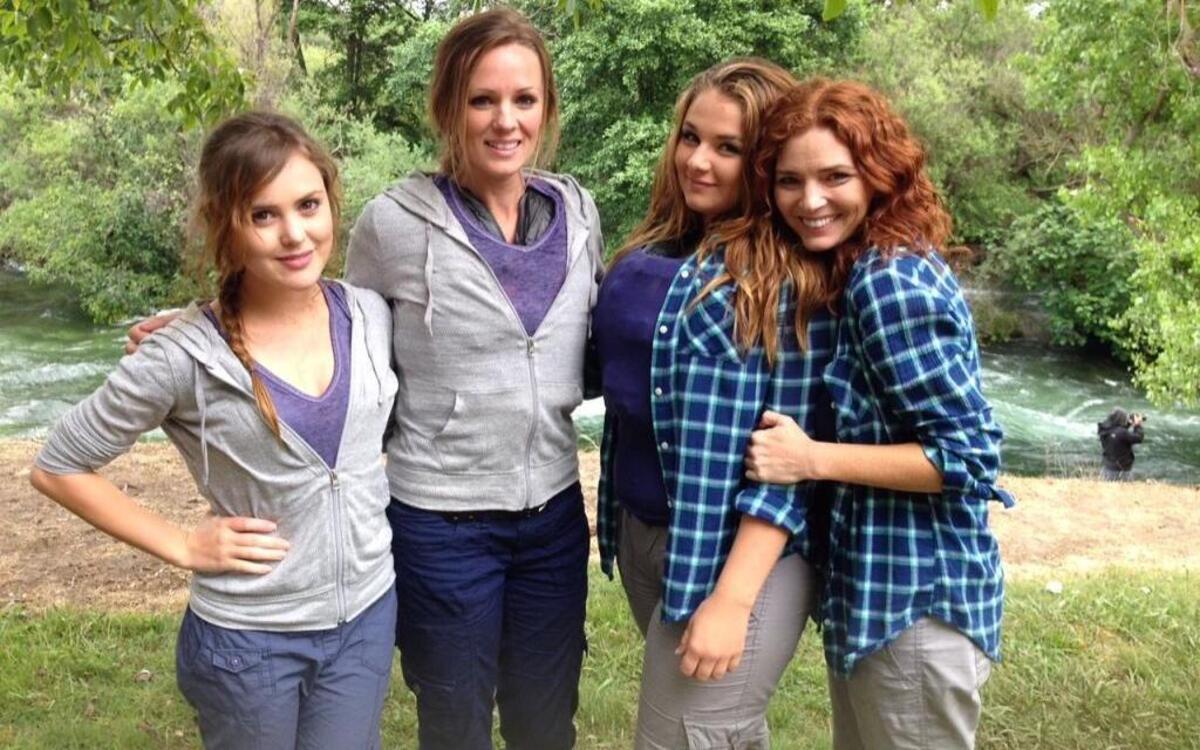 
A behind-the-scenes shot from the Lifetime movie "River Raft Nightmare." L-R: actress Leah Bateman, stunt double Michelle Patton, stunt double Kaeli Sturtivant and actress Brigid Brannagh. Patton and Sturtivant are both employees at River Journey Adventures in Knights Ferry. The film was shot in Knights Ferry along the Stanislaus River in spring 2014. 
