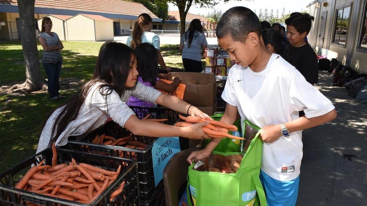 Zoei Quach, 10, gives carrots to Kahmel Cham, 10, on Wednesday at a Food 4 Thought grocery pack at Eisenhut Elementary School in Modesto.