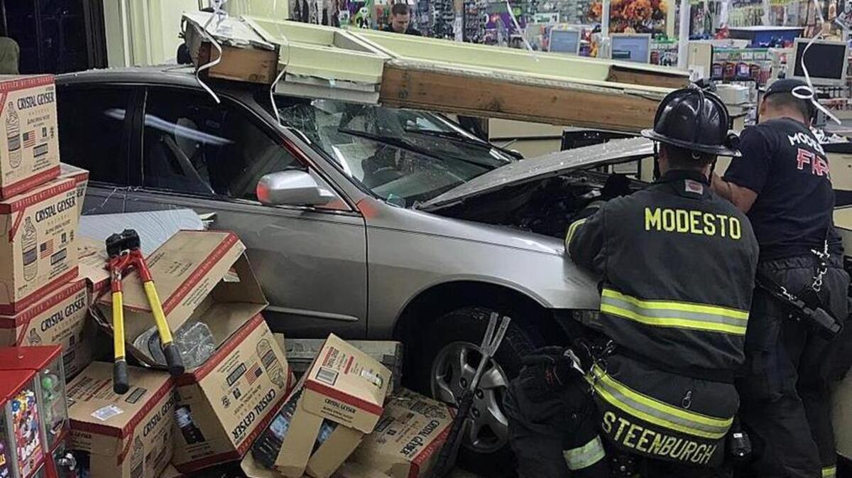 A woman driving the Honda apparently mistook the the gas peddle for the break and drove through the Dollar Tree at Oakdale and Floyd Avenue at about 6:30 p.m., on Friday, Oct. 6, 2017, according to Modesto Fire Department Division Chief Tim Tietjen.