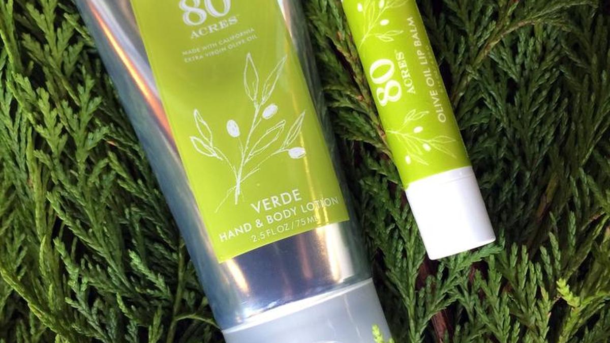 80 Acres olive oil lip balm and hand and body lotion are the perfect stocking stuffers for any age, male or female, available at Fleur de Lis in downtown Modesto.