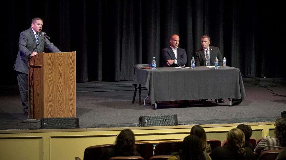 Candidates for Stanislaus County Sheriff, Juan Alanis, left, Jeff Dirkse, center and Tom Letras, debate the issues at The State Theatre in Modesto, Calif., on Tuesday, Nov. 14, 2017.