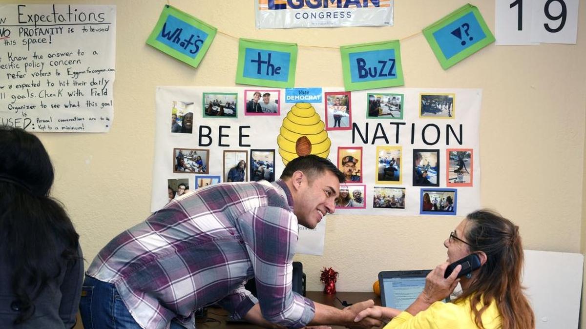 Michael Eggman, candidate for Congress, is pictured thanking volunteer Yvonne Shugart on Monday afternoon, Oct. 24, 2016, in the phone bank at his downtown Modesto office.
