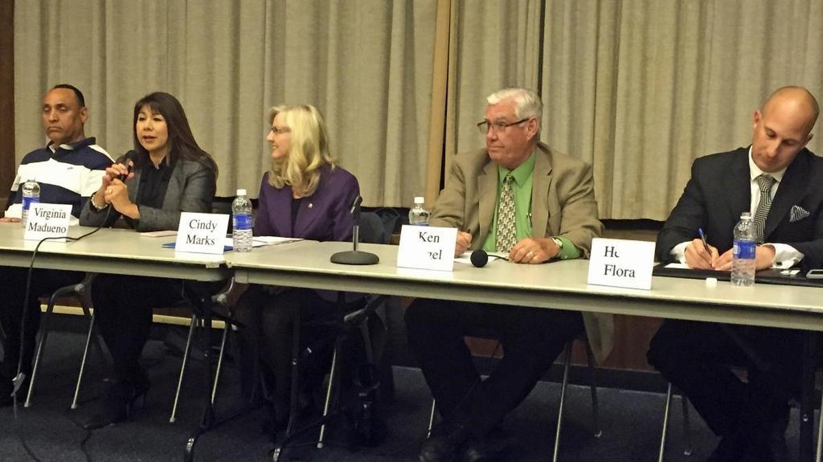 Candidates to lead the 12th Assembly District, from left, Harinder Grewal, Virginia Madueño, Cindy Marks, Ken Vogel and Heath Flora