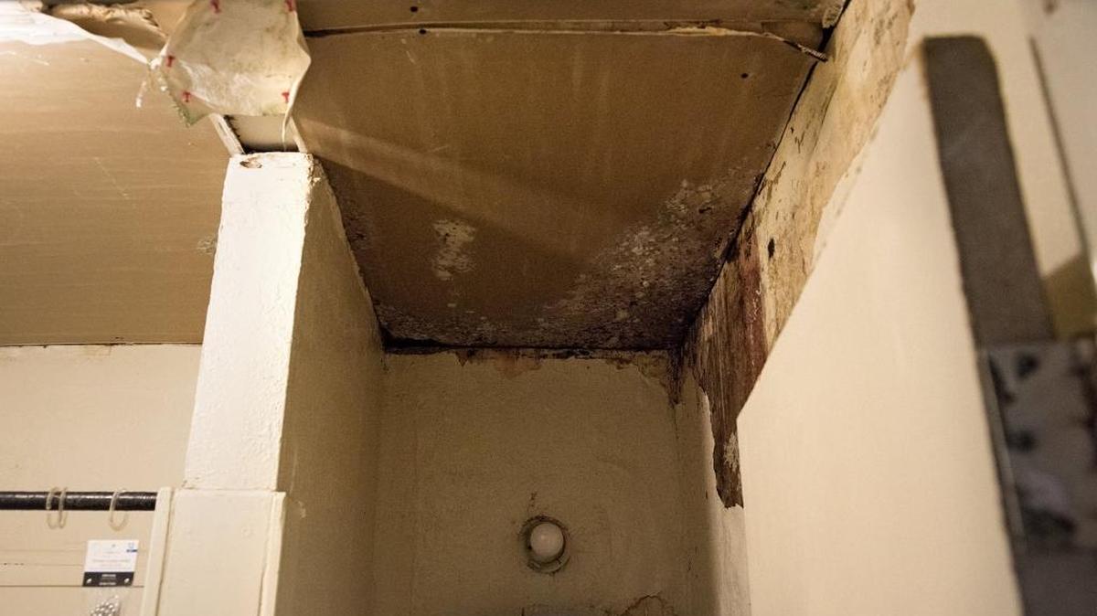 The ceiling of a first-floor studio apartment is saturated by water leaking from the second-floor apartment at 624 Ninth St. in Modesto, Calif., on Friday, July 14, 2017.