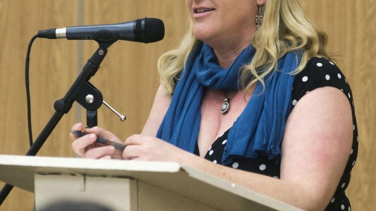 Guest poet Heather Altfeld addresses a workshop on elegy writing during the MoSt Poetry Festival at St. Paul Episcopal Church in Modesto on Saturday, Feb. 6, 2016.