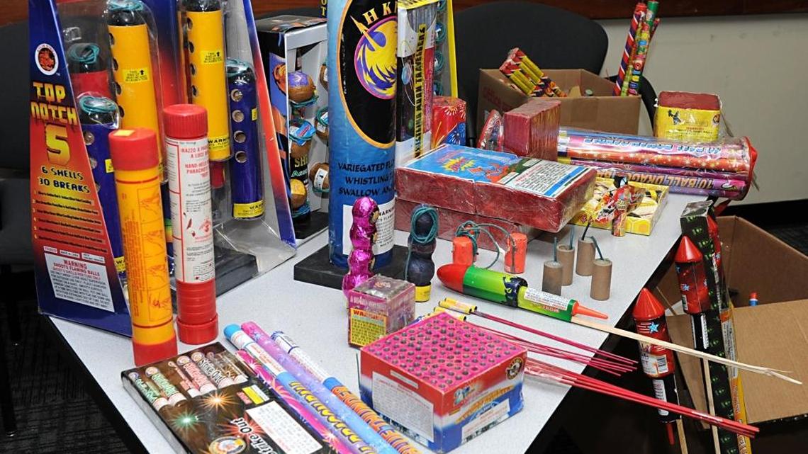 Illegal fireworks are on display during a June 2012 Stanislaus Fireworks Safety Task Force news conference at the Modesto Police Department. An ordinance that takes effect July 14 will let Modesto cite property owners whose tenants use illegal fireworks.