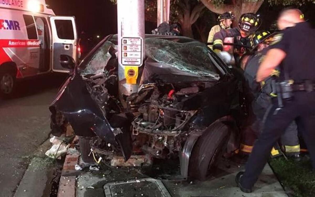 A car crashed into a signal light pole at Colorado Avenue and Tuolumne Road in Turlock Friday evening (8-118-17)