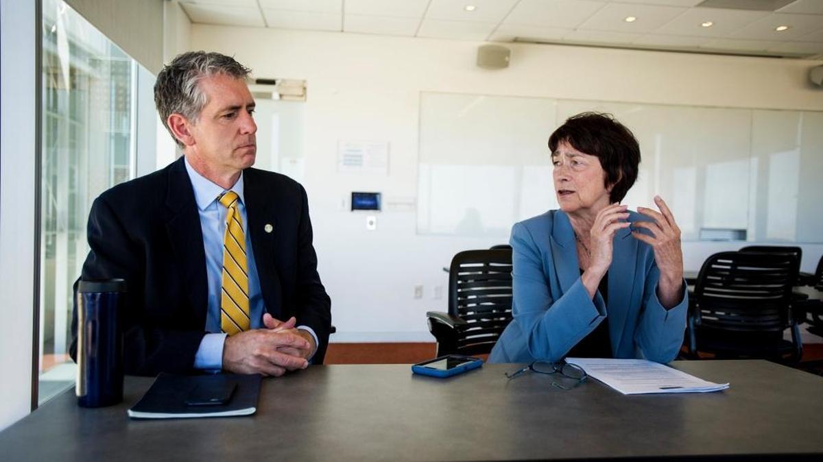 University of California, Merced Vice Chancellor of Student Affairs, Charles Nies, left, and Chancellor Dorothy Leland, right, speak about the university's 2020 project on the University of California, Merced campus in Merced, Calif., Wednesday, June 15, 2016. The university announced Wednesday they have awarded the $1.1 billion contract to Plenary Properties Merced. According to the university, the project will nearly double the capacity of the campus over the next four years allowing the student population to grow to 10,000.