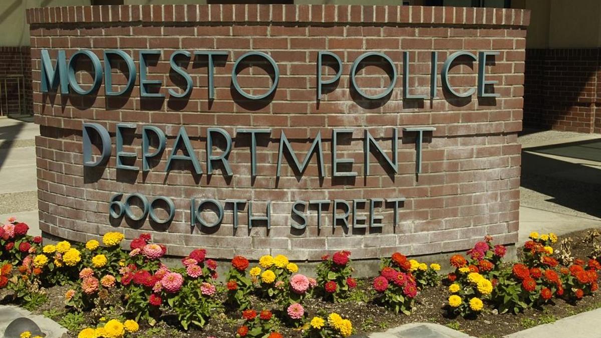 The front sign in front of the Modesto Police Station on G street at 10th street in downtown Modesto.
