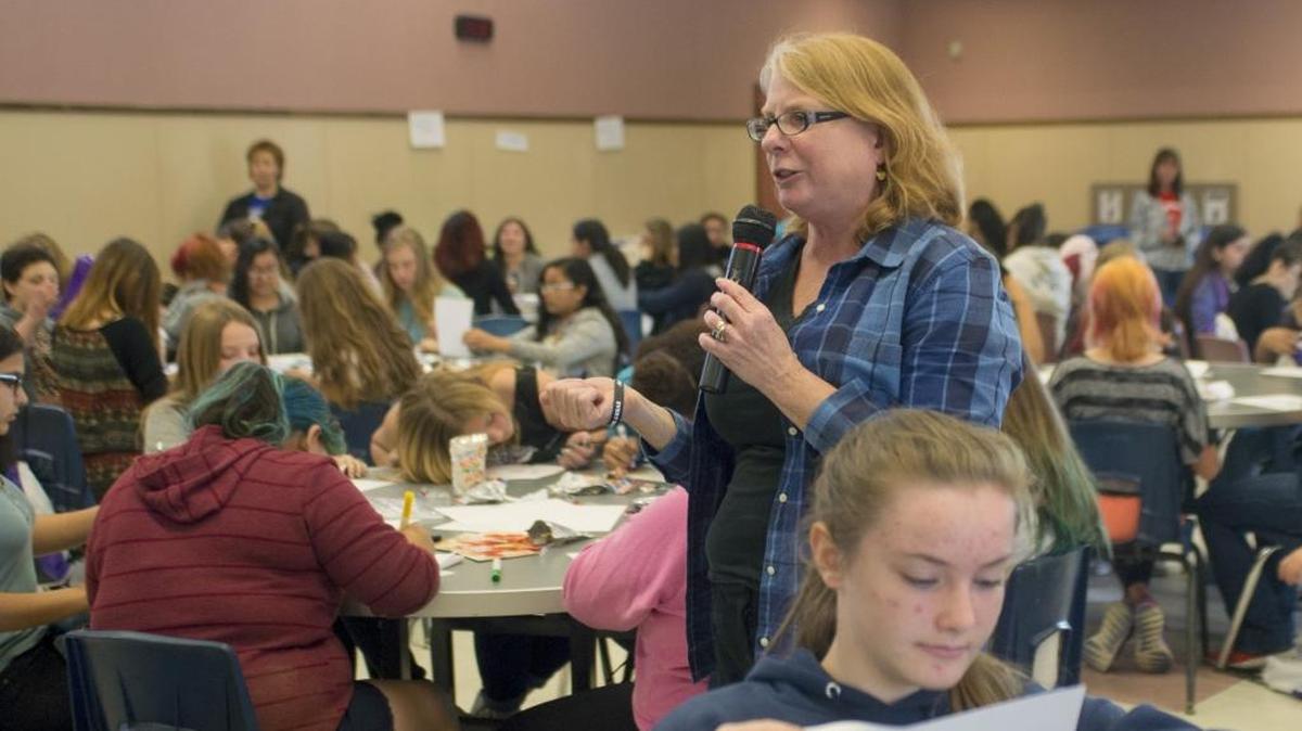 Cindy McCann speaks to junior high girls during the Live Your Dream girls conference at Johansen High School in Modesto on Saturday, March 12, 2016. The conference was hosted by two Soroptimist clubs in Modesto for junior high girls to gain self-confidence and leadership skills, and to encourage them to achieve their dreams.