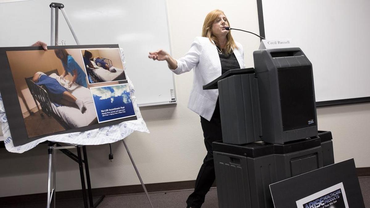 
Charlene Solomon pitches the no-lift incontinent pad during the Stanislaus Innovation Challenge in Modesto on Thursday.
