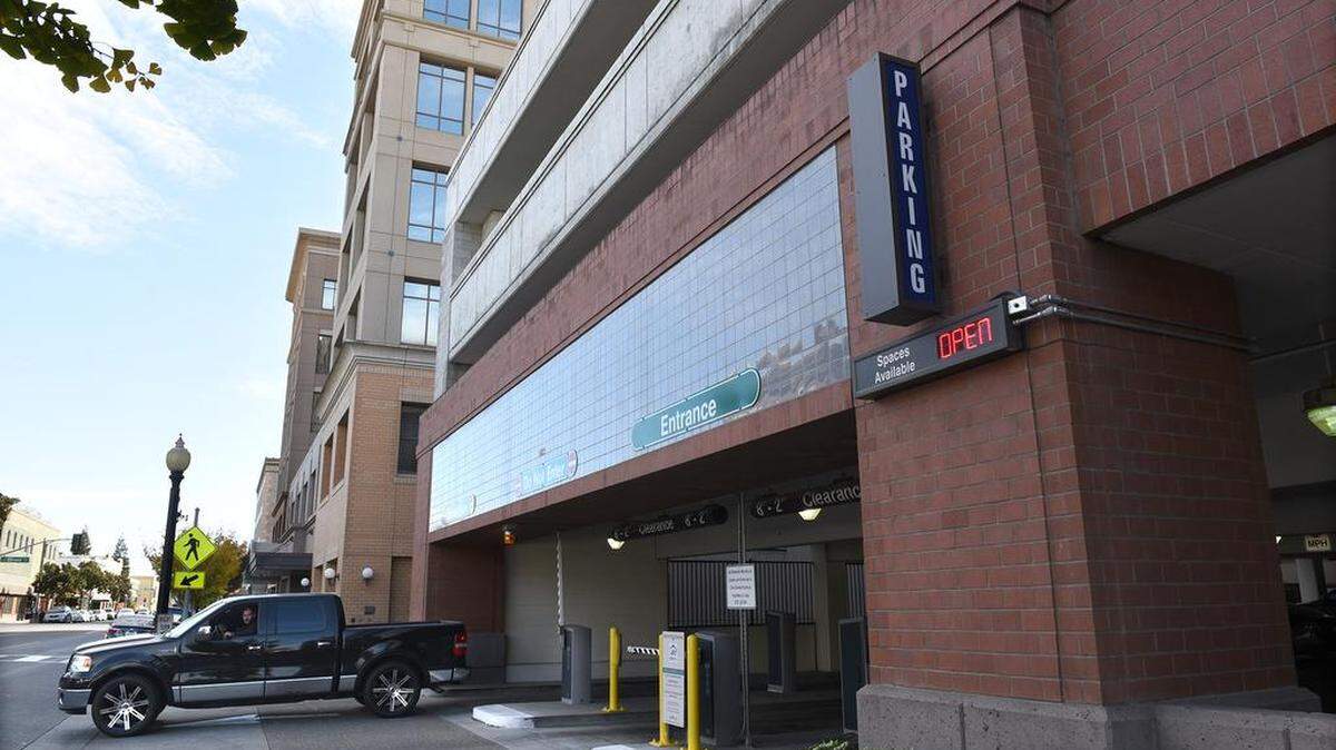 A truck exits the parking garage on 11th street near Brenden Theatres Friday in downtown Modesto.