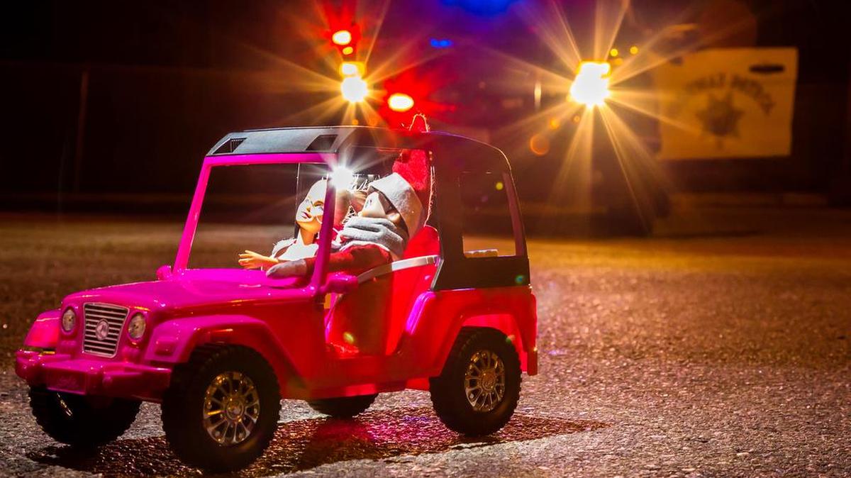 Elf on the Shelf and his passenger Barbie are stopped by the CHP in Calaveras County.