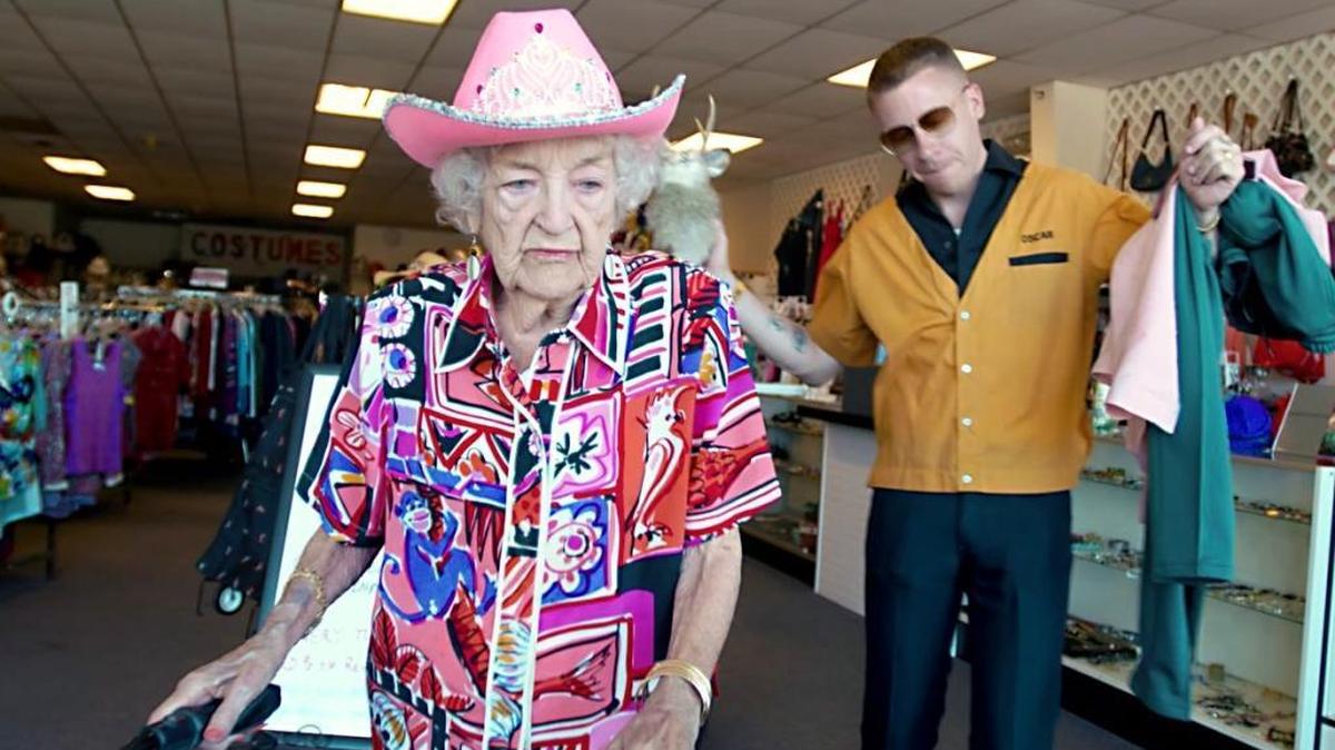 Hip-hop artist Macklemore and his grandmother, Helen Schott, at Second Chance Consignment & Costume Corner, are shown in a still from his new music video “Glorious.” The city of Modesto in California is the backdrop for the video, which shows Macklemore spending the day with his grandmother at various locations around town. It was shot over a few days over mid-June.