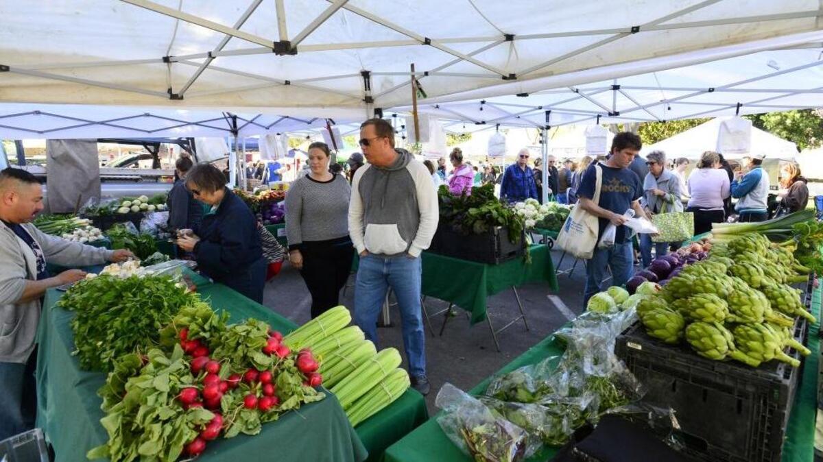 Customers browse produce at opening day of the Modesto Certified Farmers Market in Modesto, Calif., on Saturday, March 26, 2016.