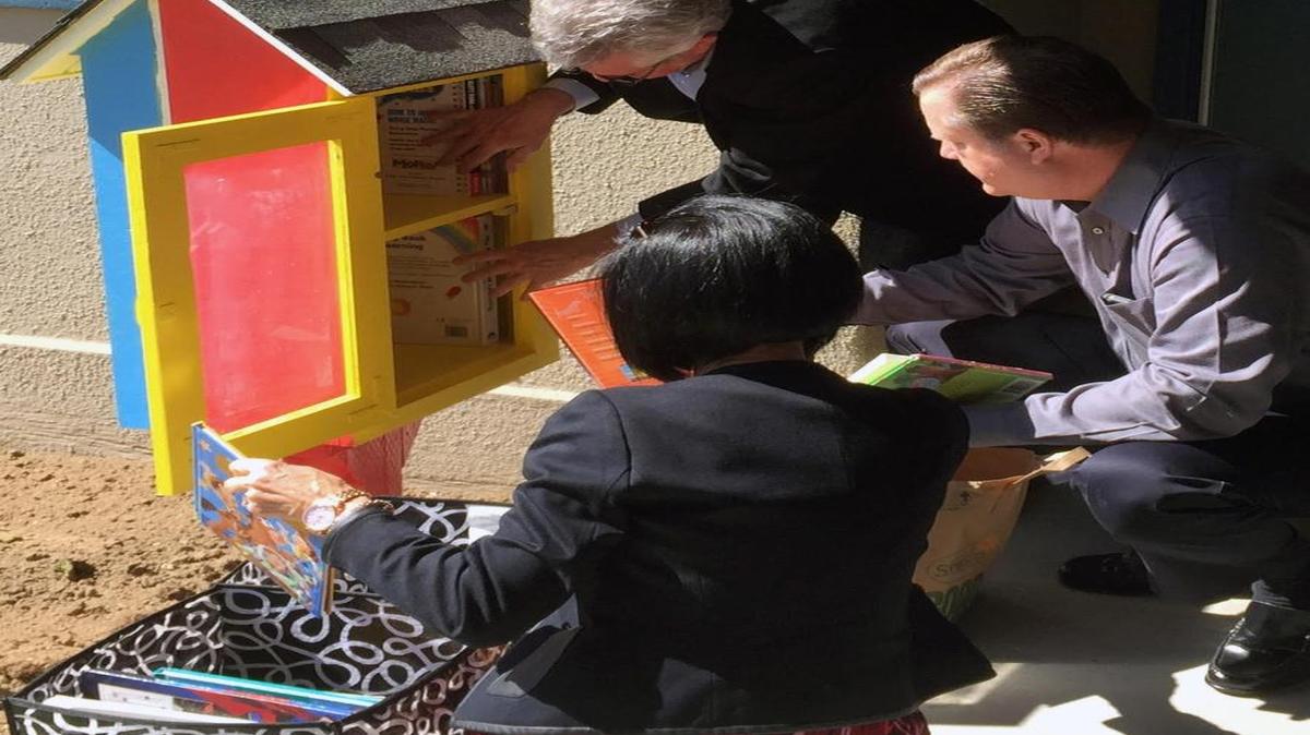 The city’s latest Little Free Library was installed at Orville Wright Elementary in Modesto on Wednesday. It was built by the students at the Stanislaus Military Academy, paid for by a grant from the Stanislaus Community Foundation, painted and books donated by the Modesto Rotary Club.