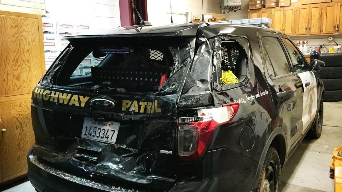 A California Highway Patrol vehicle was struck from behind on the shoulder of Highway 120 by a driver who lost control of his car.
