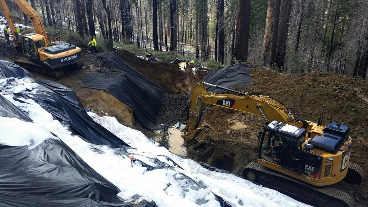 Roadwork has begun Thursday (03-23-17) on a 200-foot section of Highway 120 in Yosemite National Park where an underwater aquifer that ran under the road caused it to separate, creating fissure resembling an earthquake fault.