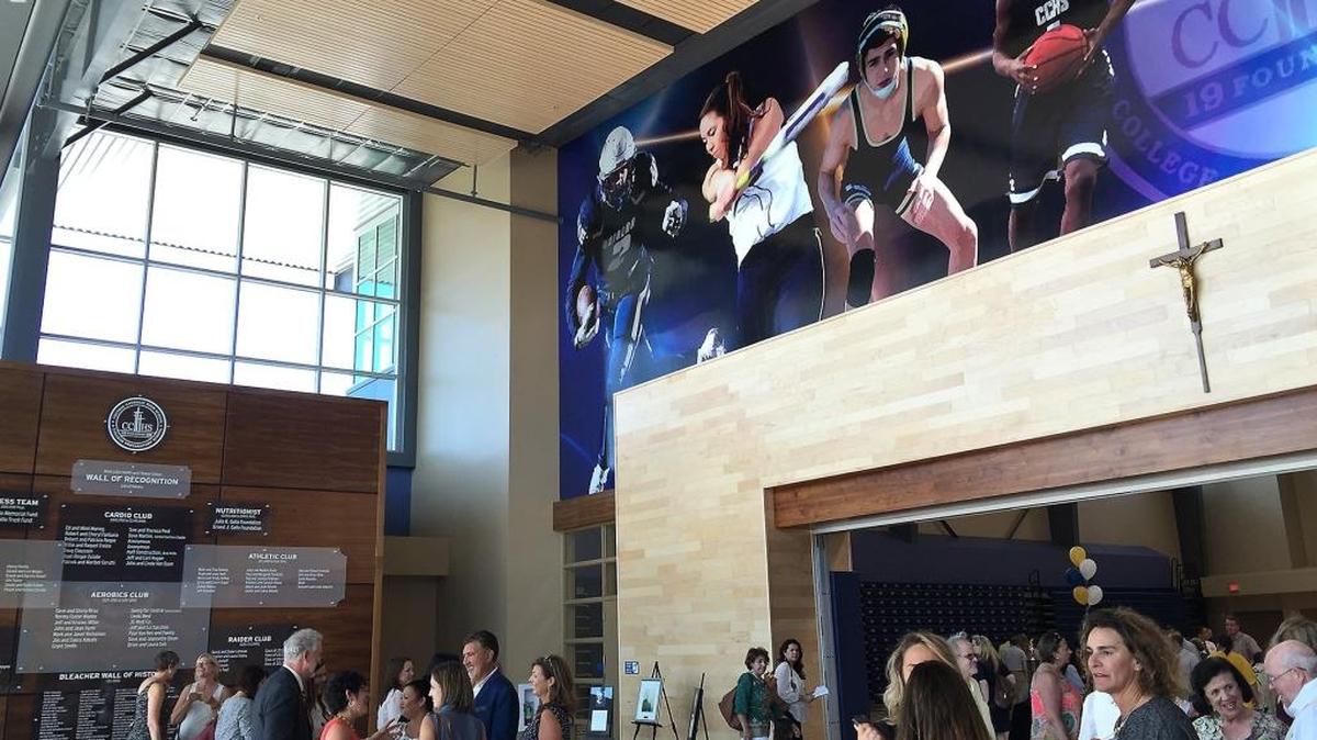 Central Catholic High School’s new Mark Gallo Health and Fitness Center will be the site of the World Meeting of Popular Movements. The lobby is seen during the center’s opening in August 2016.
