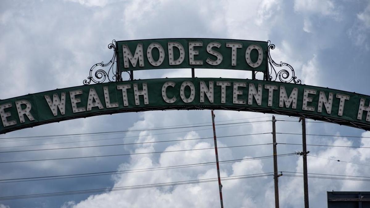 Storm clouds gather over Modesto on Wednesday, April 27, 2016.
