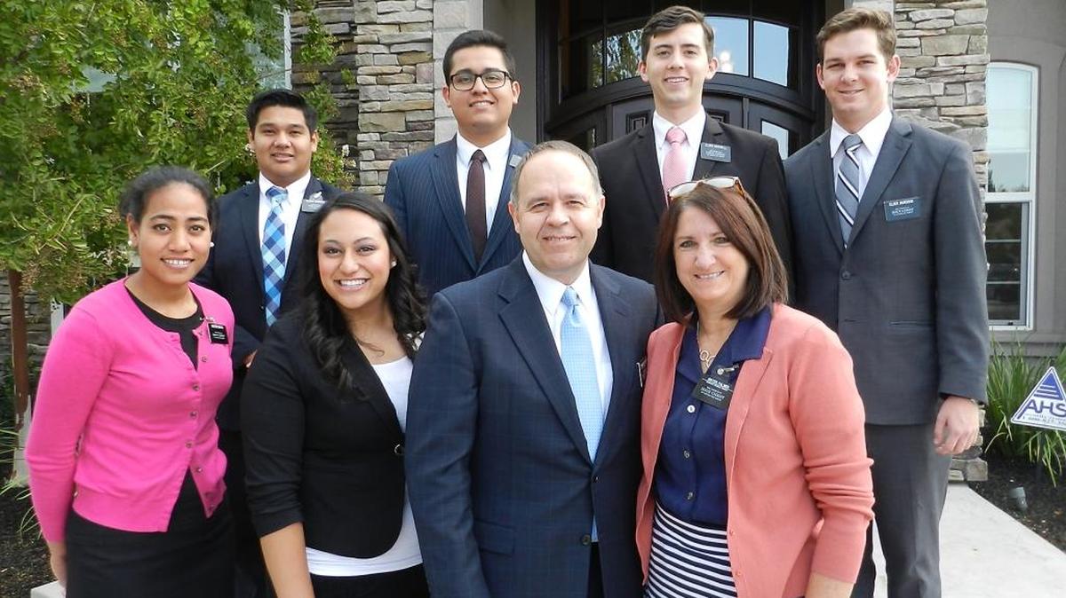 
The mission’s president, Brent Alan Palmer, and his wife, Karen Sue, stand outside their Ripon home with, from left, missionaries Saphina Boata, Alixis Moreno, Makayla Tuaitanu, Jose Lopez, Scott Boswell and Chad Murdock.
