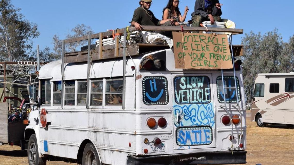 A largely 20- and 30-something crowd was filing into Woodward Reservoir Regional Park north of Oakdale on Thursday morning for the four-day Symbiosis Gathering getting underway. The camping and consciousness festival features music, art, dance, speakers, workshops, a Kidziosis zone, food and drink and other vendors. Here, in the parking area around the box office, Guppy Swims, from Georgia; Pookha Fae, from Oregon; and Chef Paddi, from New Orleans greet other arriving festivalgoers.