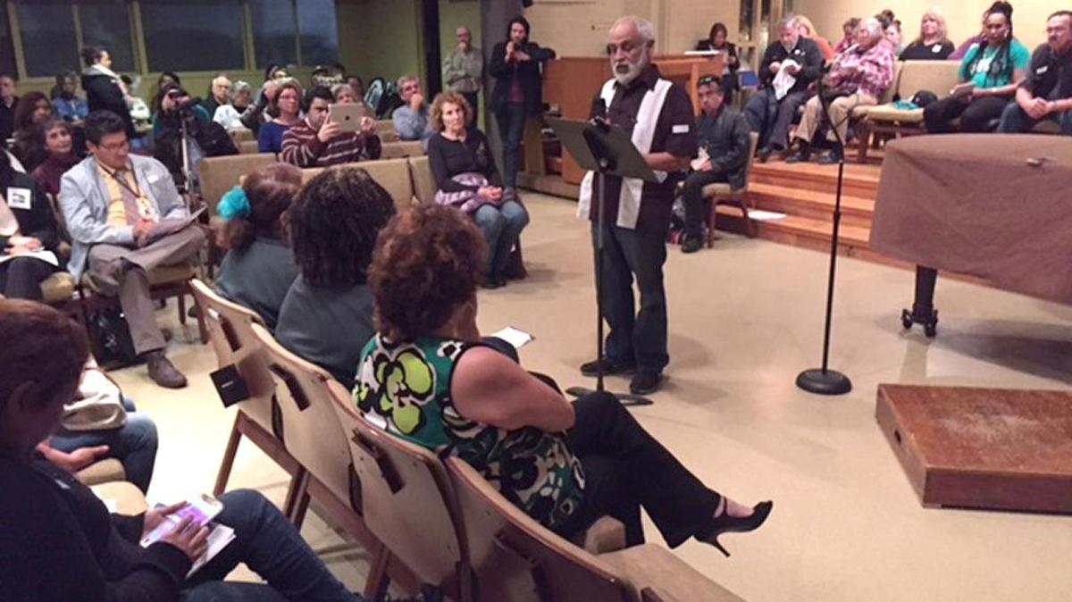 Ruben Arceneaux of Modesto tells his story Wednesday at a town hall on the Affordable Care Act at College Avenue United Church of Christ in Modesto.