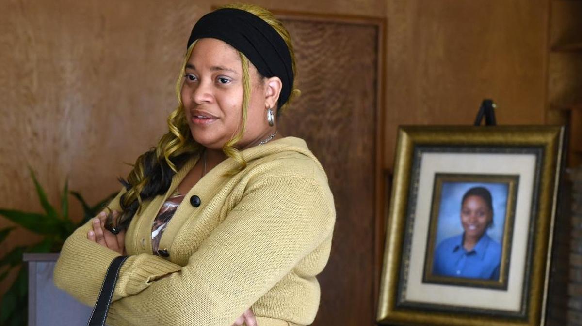 Latisha Cyprian is pictured in March, 2017 following a press conference in Modesto, Calif. announcing that she will file a civil rights lawsuit against Modesto City Schools. Her daughter, Doneisha Neal 15yrs committed suicide in 2015.