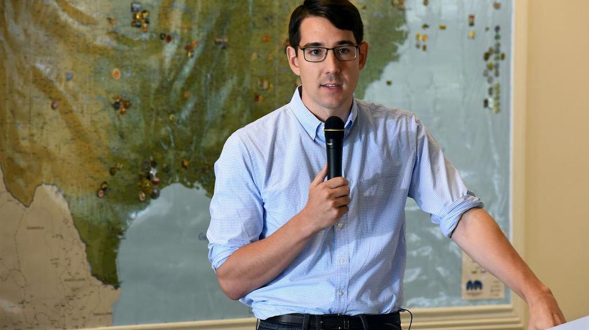 Congressional candidate Josh Harder went to a town hall meeting in Modesto; one of his standard talking points is Medicare for all, or a single-payer healthcare system.