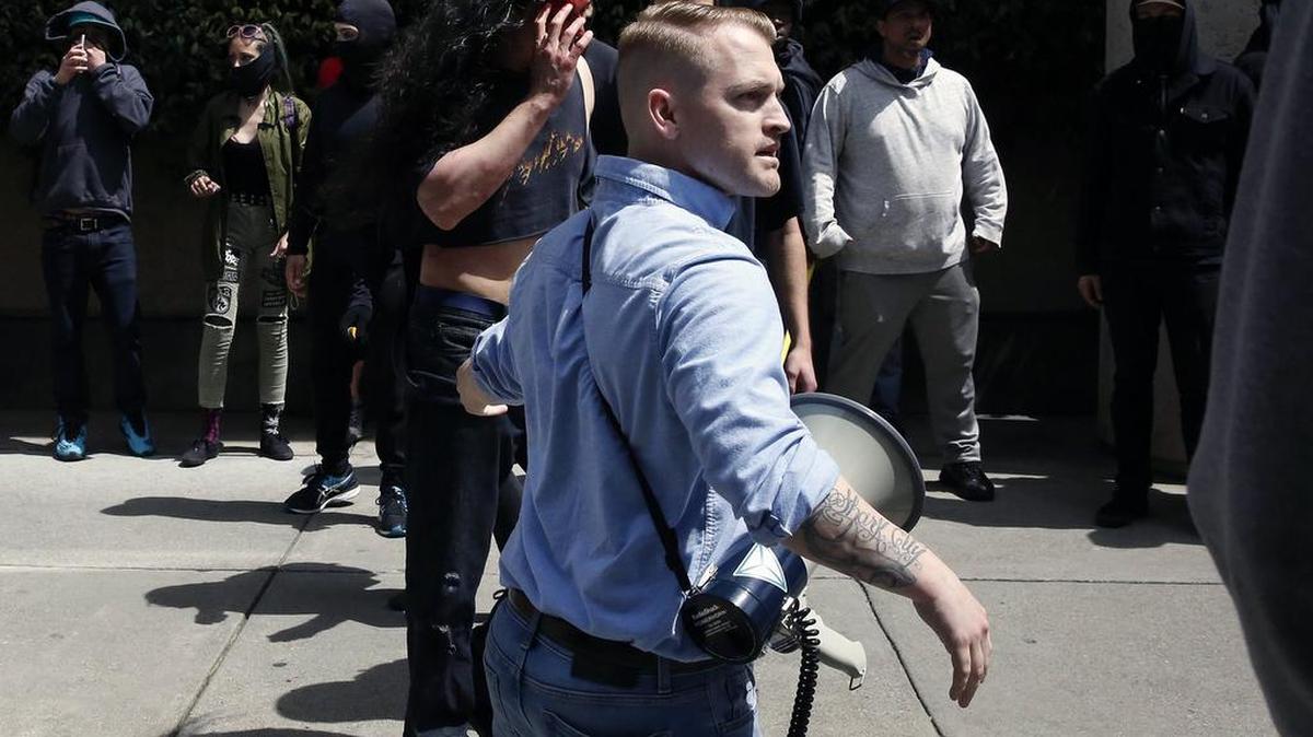 Nathan Damigo, founder of a white nationalist group and Oakdale resident, seen at a violent rally in Berkeley; he’s going back this weekend, apparently attracted to the possibility of more violence.