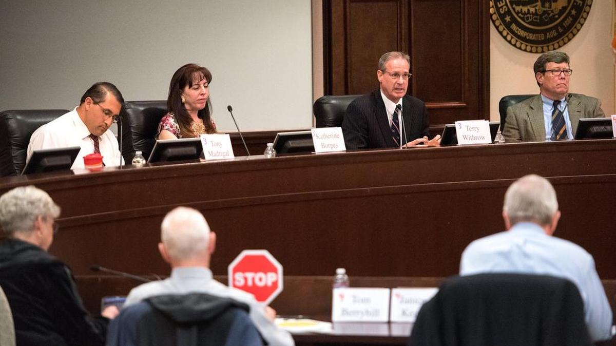 Some candidates for County Supervisor attended the League of Women Voters forum on April 11, including, from left, Tony Madrigal, Katherine Borges, Terry Withrow and Frank Damrell III.