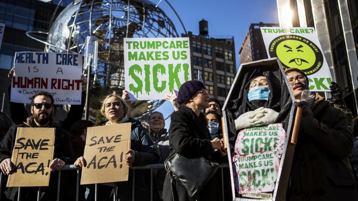 Protesters gather at the Trump International Hotel & Tower in New York on Jan. 15 to demonstrate against Republican plans to repeal Obamacare.