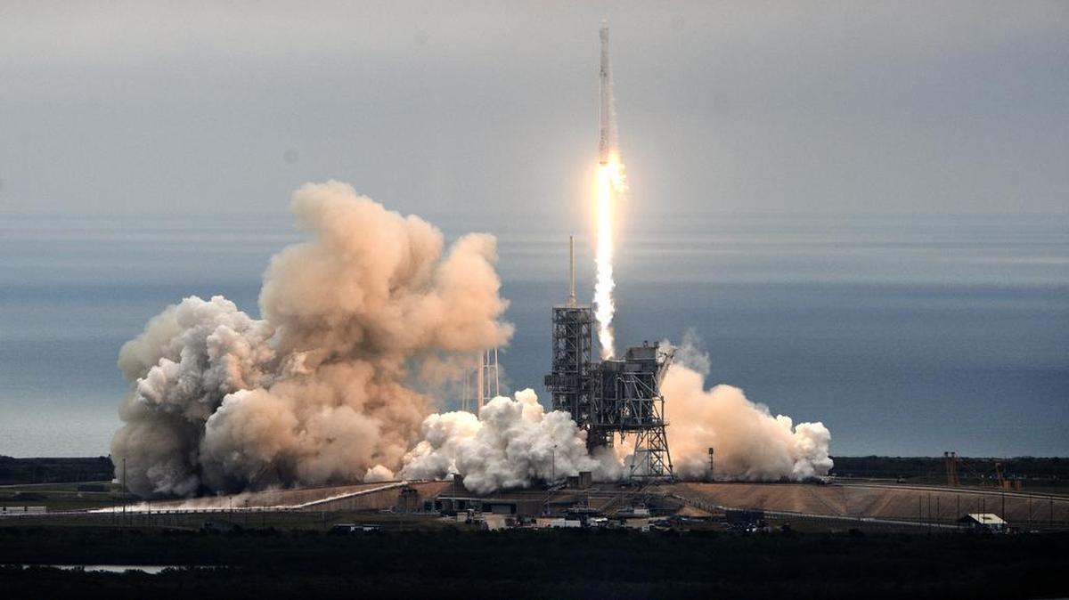 The SpaceX Falcon rocket launches from the Kennedy Space Center on Feb. 19, carrying a load of supplies for the International Space Station.