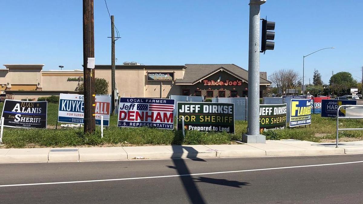 Campaign signs for the upcoming election are pictured at the corner of Pelandale avenue and Sisk road in Modesto.