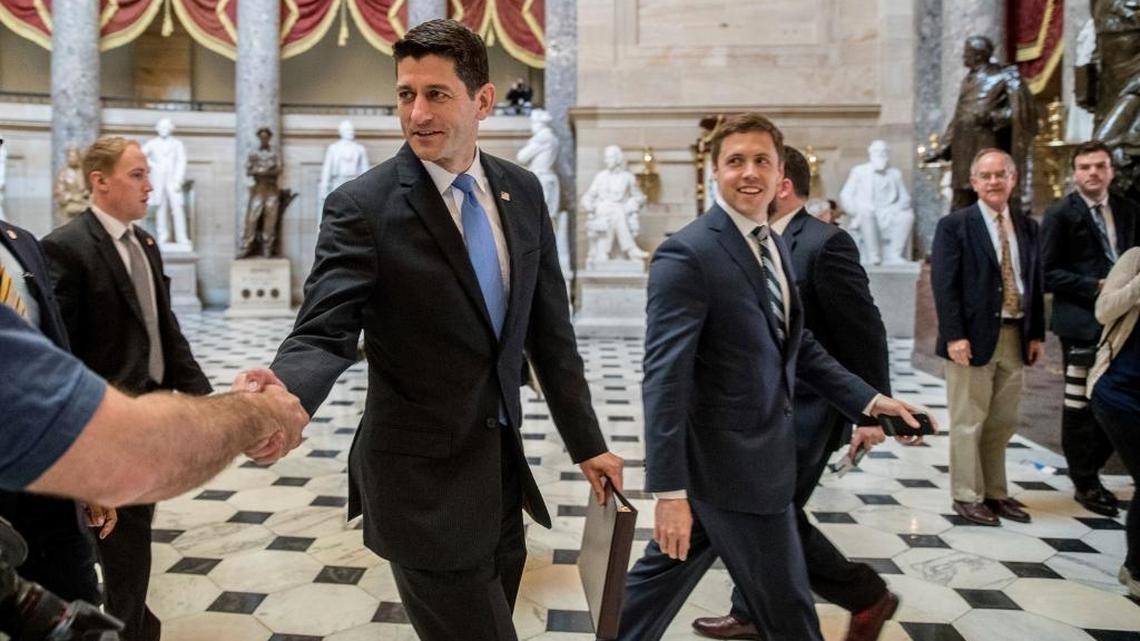 House Speaker Paul Ryan takes congratulatory handshakes after he led the fight to repeal Obamacare and replace it with his own plan; Rep. Jeff Denham voted for Ryan’s plan.