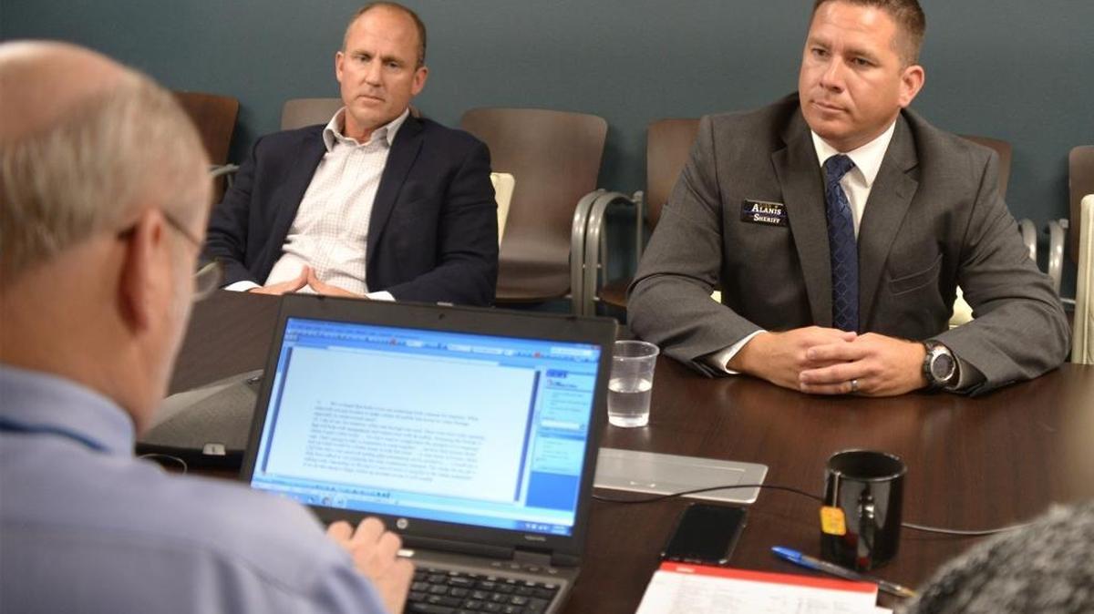 Candidates running for Stanislaus County Sheriff Juan Alanis (right) and Jeff Dirkse answer questions during an editorial board meeting April 18, 2018 at The Modesto Bee downtown offices.