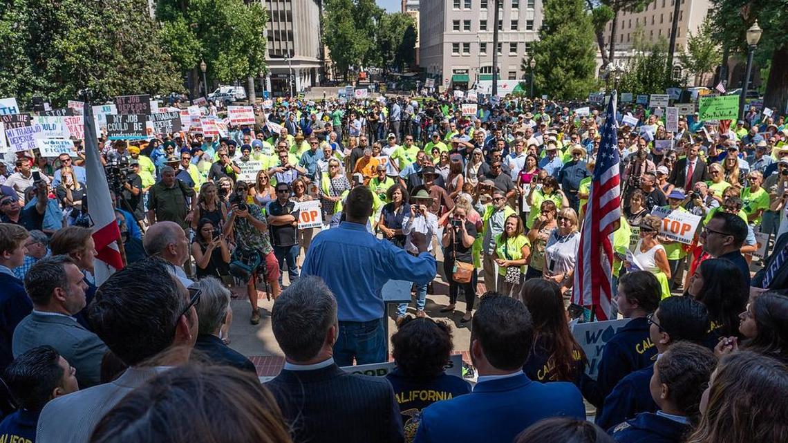 Assemblyman Adam Gray, D-Merced, speaks at a “Stop the State Water Grab” rally on the Capitol steps last August.