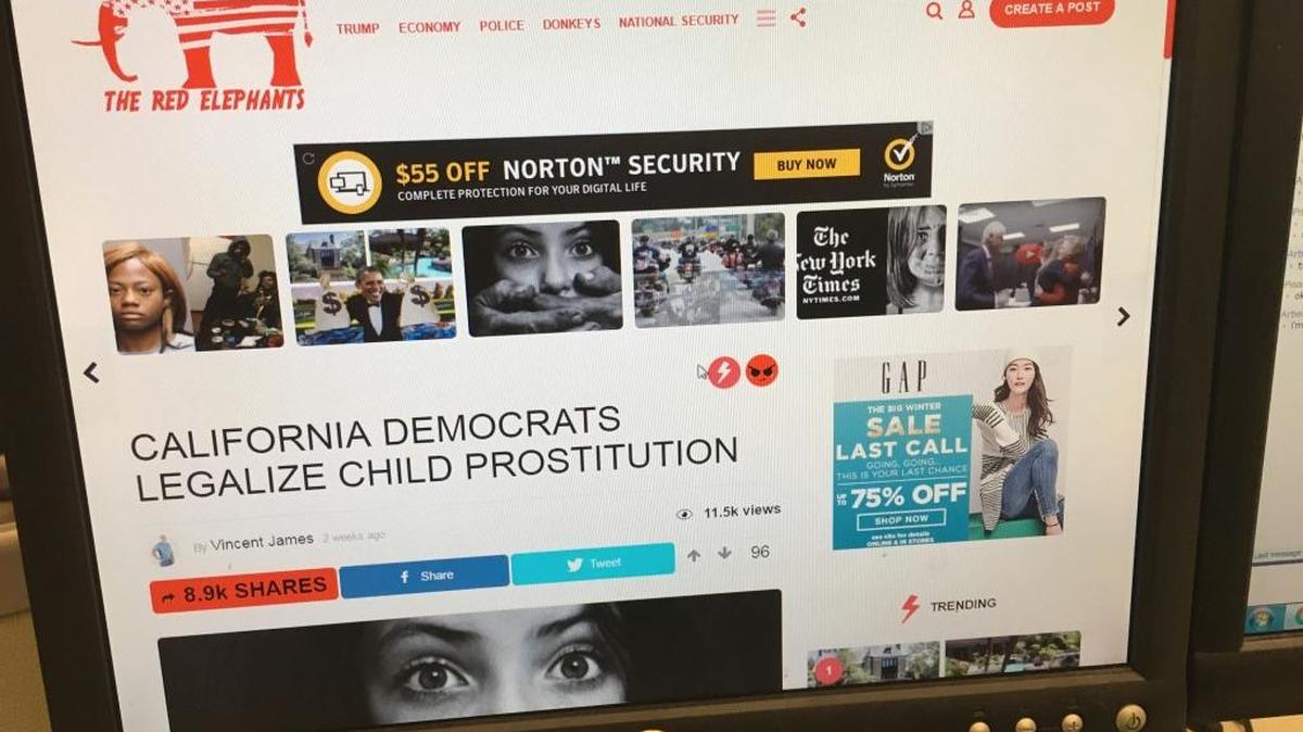 A fake news story on notorious website The Red Elephants is positioned near ads from major global corporations creating an illusion of legitimacy.