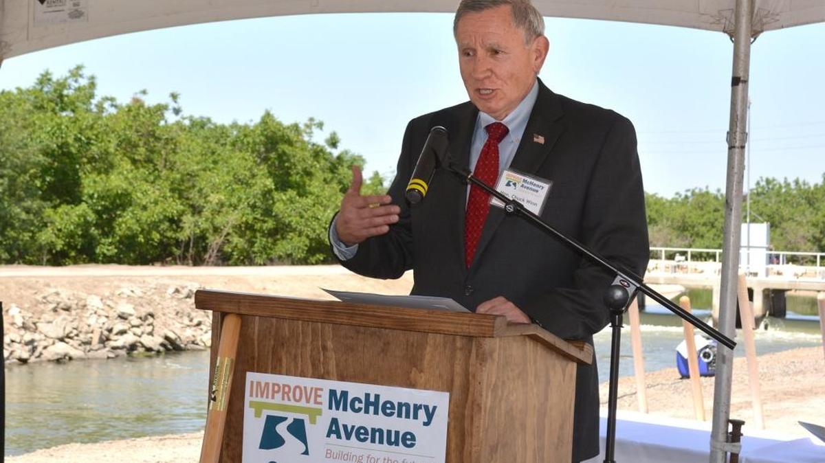San Joaquin County Supervisor Chuck Winn speaks at the ground-breaking ceremony for the widening of the McHenry Avenue bridge over the Stanislaus River, connecting Escalon to Modesto.