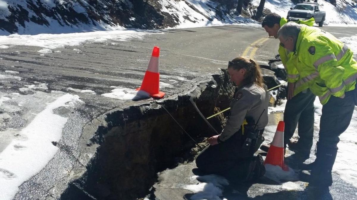 Big Oak Flat Road is closed between Crane Flat and Foresta after a 100-foot fissure – resembling an earthquake fault – opened in the road due to saturated soils beneath. It is one of 400 such fissures that damaged California roads this season.