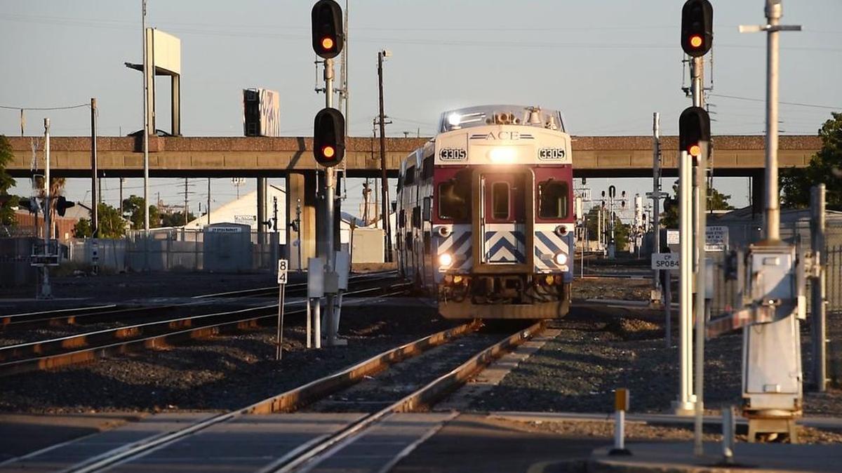 Altamont Commuter Express train pulls into the Stockton station. If it isn’t derailed by Proposition 6, the ACE train will be coming to Modesto within two years. It will reach Merced soon after.