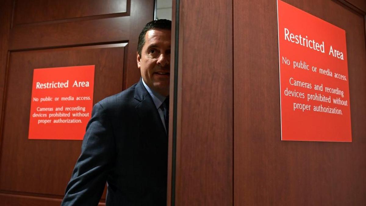 Rep. Devin Nunes of California enters the House Intelligence Committee’s classified area on Jan. 16 during interviews of former White House strategist Stephen Bannon.