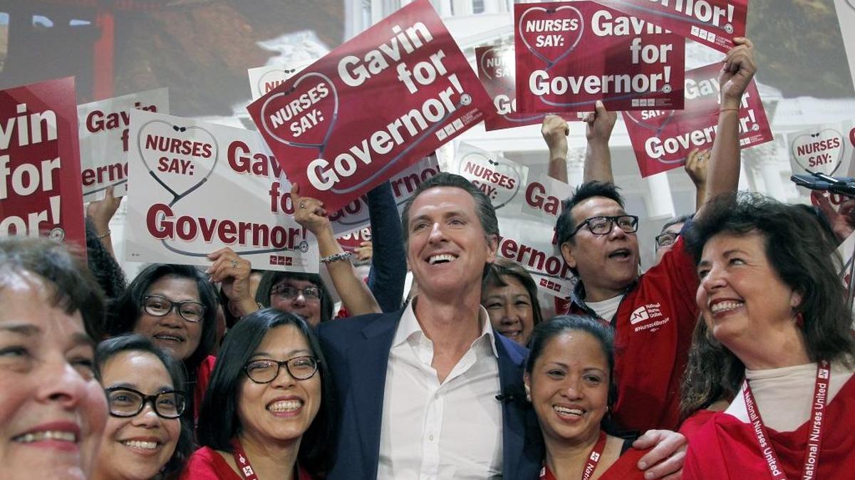 Gavin Newsom, Californiaâs lieutenant governor, meets with more than 1,000 registered nurses from California and cross the nation in Los Angeles, Wednesday, Dec. 2, 2015. The politically powerful California Nurses Association announced Wednesday that it is endorsing Newsom's bid to become governor nearly three full years before the general election contest. (AP Photo/Nick Ut)